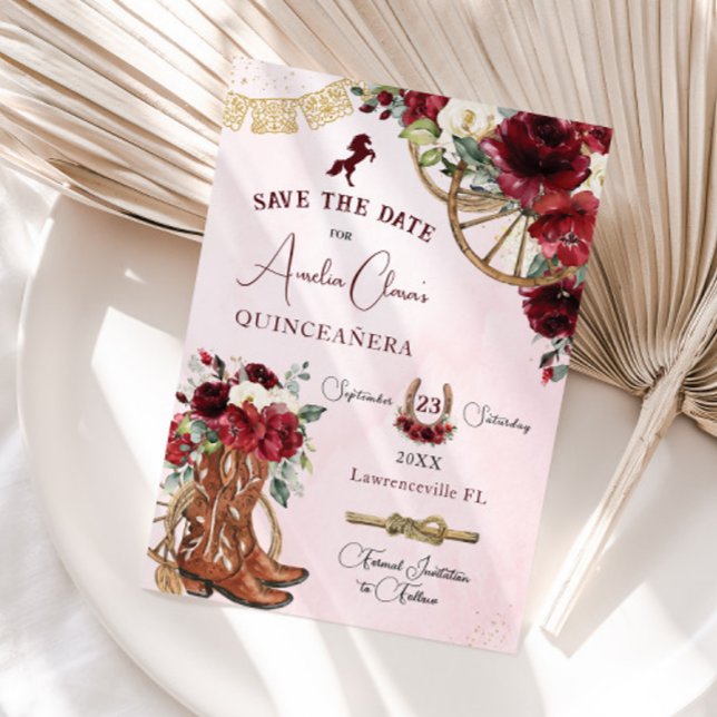 Burgundy Red Floral Wild West Charro Quinceañera Save The Date (Von Creator hochgeladen)