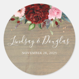 Burgundy Red Florals Rustic Wedding Runder Aufkleber