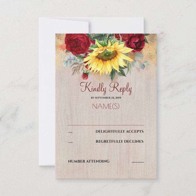 Burgundy Red Florals und Sunflowers Wedding RSVP Karte (Vorderseite)