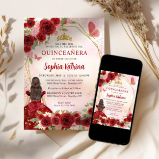 Burgundy Red Glam Gold Floral Prinzessin Quinceañe Einladung