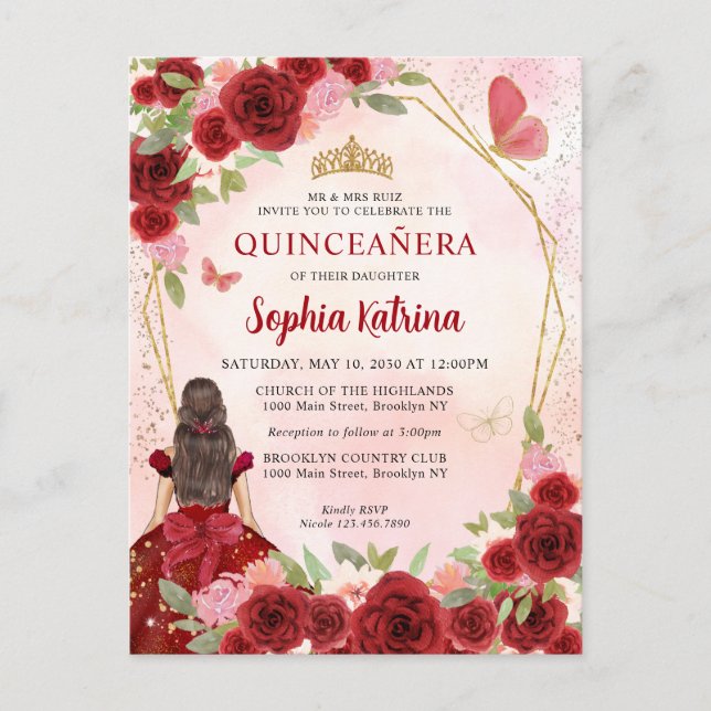 Burgundy Red Glam Gold Floral Prinzessin Quinceañe Einladungspostkarte (Vorderseite)