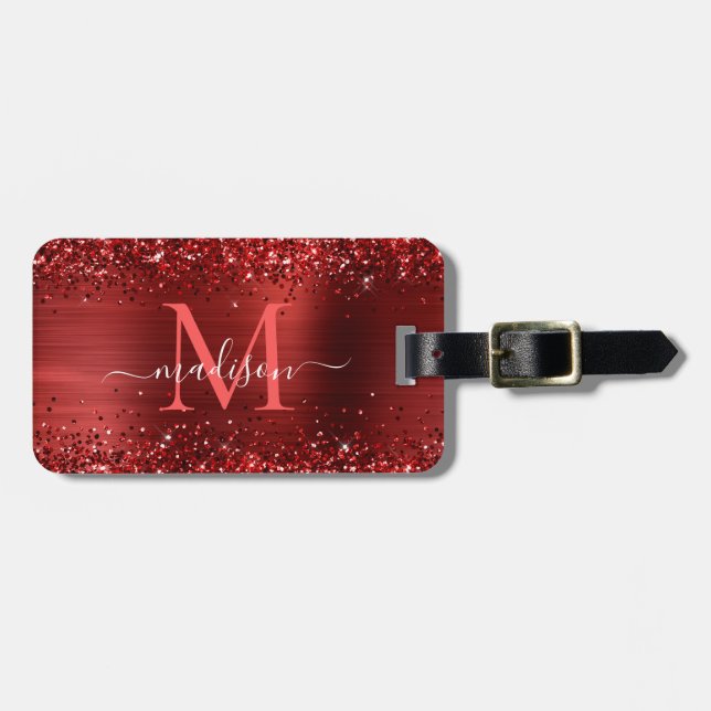 Burgundy Red Glitzer Brush Metal Monogram Script Gepäckanhänger (Vorderseite horizontal)