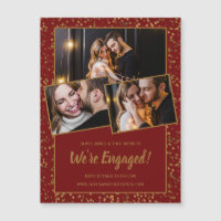 Burgundy Red Gold 3Foto Magnetic Verlobung Card