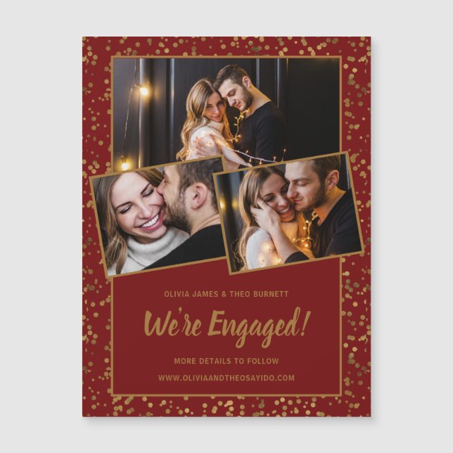 Burgundy Red Gold 3Foto Magnetic Verlobung Card Magneteinladung (Vorderseite)