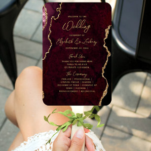 Burgundy Red Gold Agate Script Wedding Programm Fächer