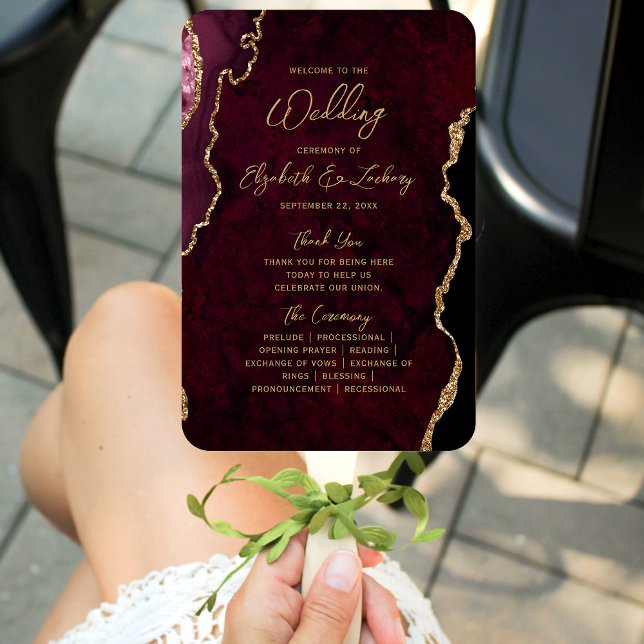 Burgundy Red Gold Agate Script Wedding Programm Fächer (Von Creator hochgeladen)