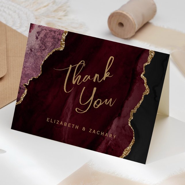 Burgundy Red Gold Agate Script Wedding Vielen Dank Karte (Von Creator hochgeladen)