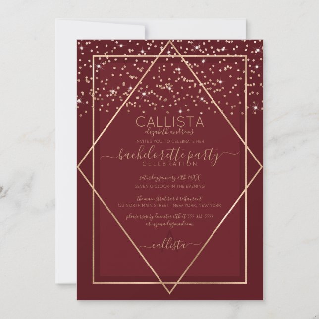 Burgundy Red Gold Confetti Border Bachelorette Einladung (Vorderseite)