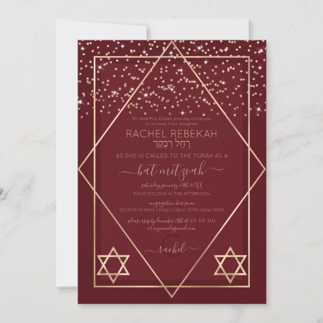 Burgundy Red Gold Confetti Border Bat Mitzvah Einladung (Vorderseite)