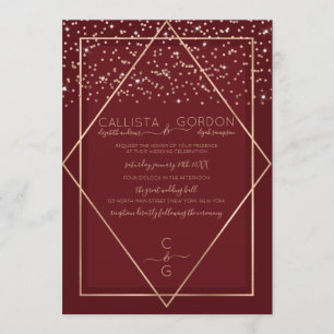 Burgundy Red Gold Confetti Geo Border Wedding Einladung