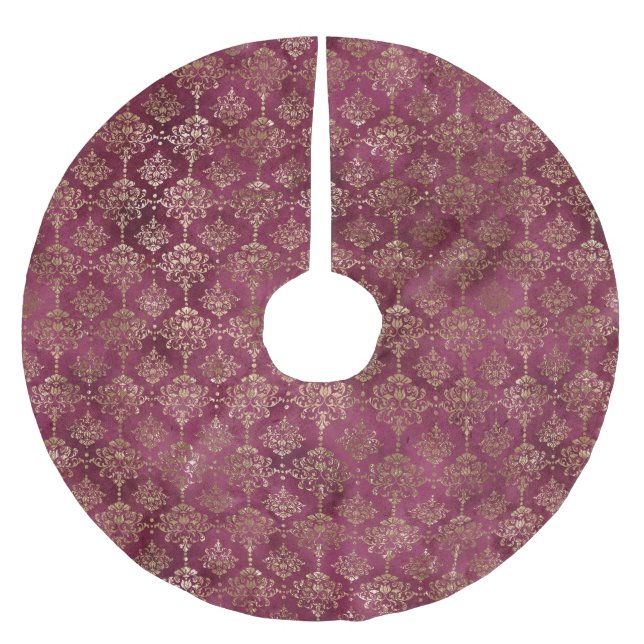 Burgundy Red Gold Damask Polyester Weihnachtsbaumdecke (Vorderseite)
