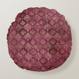 Burgundy Red Gold Damask Rundes Kissen