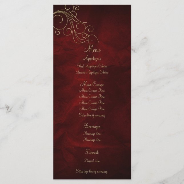 Burgundy Red Gold Elegante Wedding Menu Rack Card Menükarte (Vorderseite)