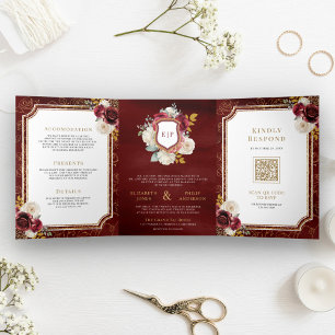 Burgundy Red Gold Floral All in One Wappen Wedding Dreifach Gefaltete Einladung
