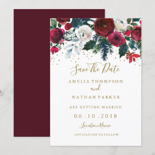 Burgundy Red Gold Floral Christmas Save the Date Einladung