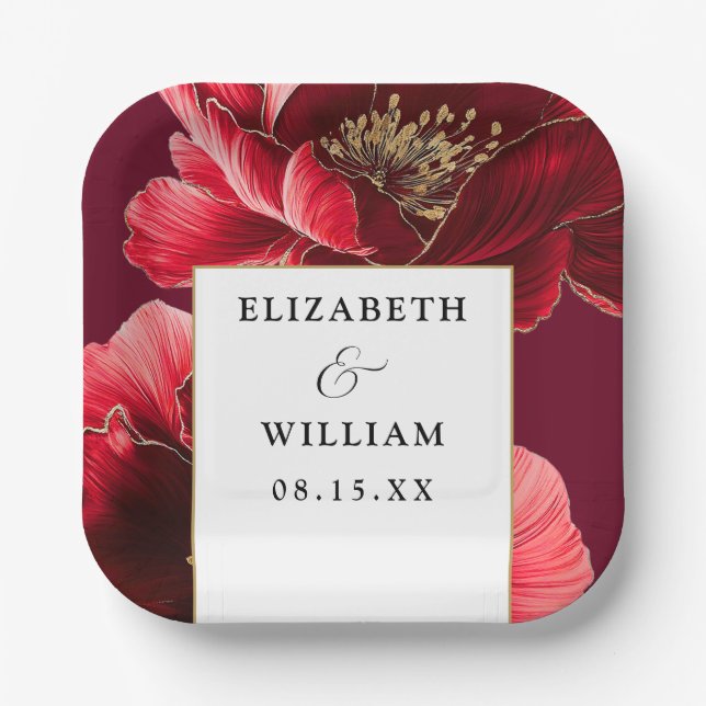 Burgundy Red Gold Floral Elegante Moderne Hochzeit Pappteller (Vorderseite)