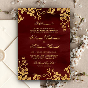Burgundy Red Gold Floral Islamische Hochzeit Einladung