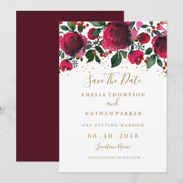 Burgundy Red Gold Floral Save the Date Einladung (Vorne/Hinten)