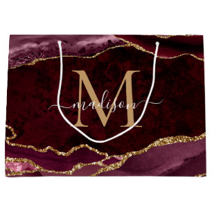 Burgundy Red Gold Glitzer Agate Geode Monogram Große Geschenktüte