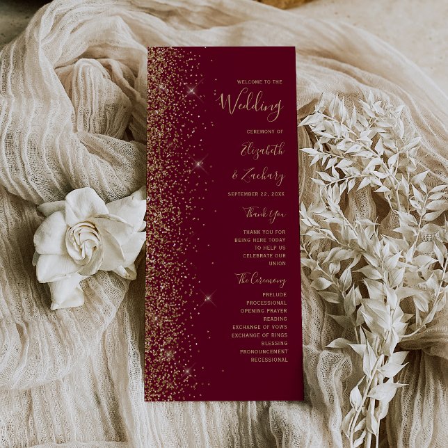 Burgundy Red Gold Glitzer Edge Wedding Program (Von Creator hochgeladen)
