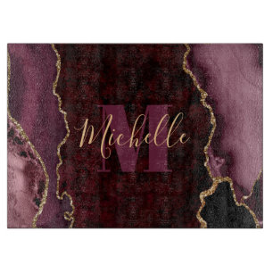 Burgundy Red & Gold Glitzer Marble Agate Monogram Schneidebrett