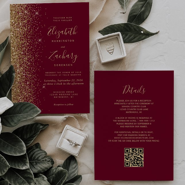 Burgundy Red Gold Glitzer QR Code Wedding Einladung (Von Creator hochgeladen)