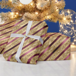 Burgundy Red Gold Glitzer Streifen Geschenkpapier