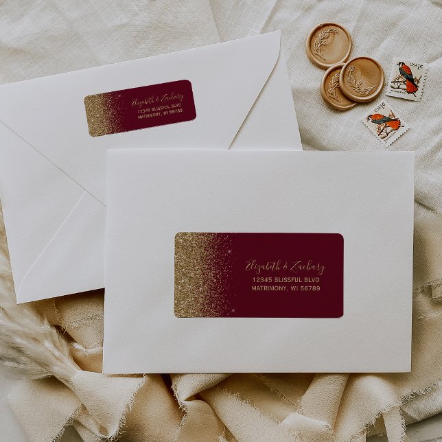 Burgundy Red Gold Glitzer Wedding Rücksendeadresse (Von Creator hochgeladen)