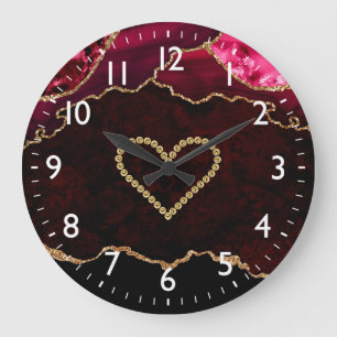Burgundy Red & Gold Imitate Glitzer Agate & Heart Große Wanduhr