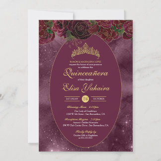 Burgundy Red Gold Luxury Elegante Quinceanera Einladung