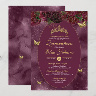 Burgundy Red Gold Luxus Butterfly Quinceanera Einladung