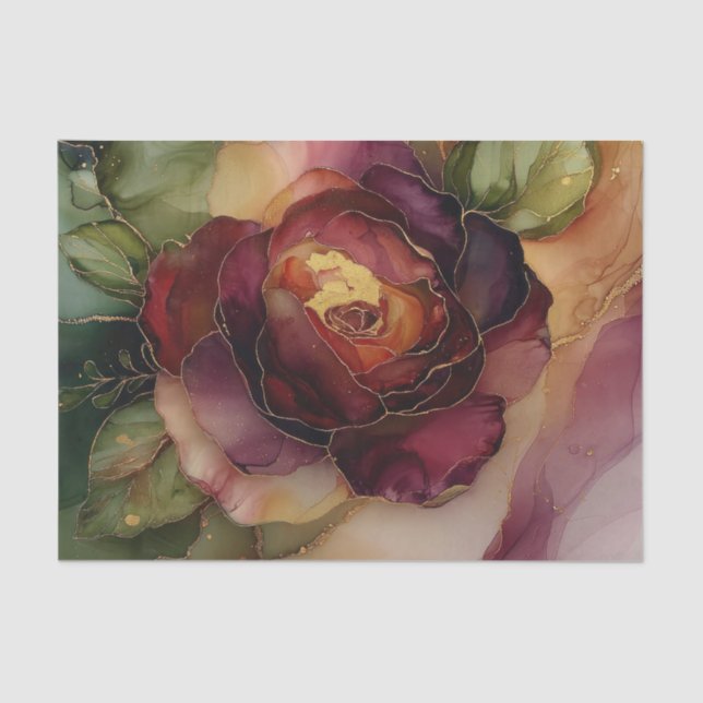 Burgundy Red Gold Rose Blumenfloral Brautparty Seidenpapier (Vorderseite)