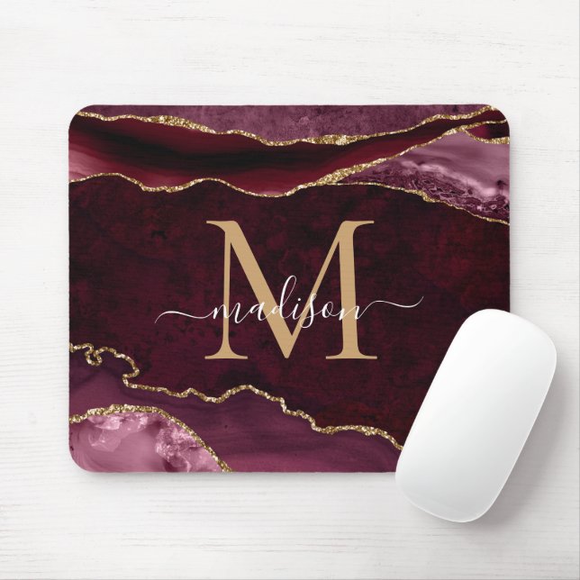 Burgundy Red Gold Sparkle Agate Geode Monogram Mousepad (Mit Mouse)