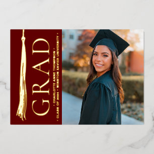 Burgundy Red Gold Tassel Grad Party Custom Foto Folien Feiertagskarte