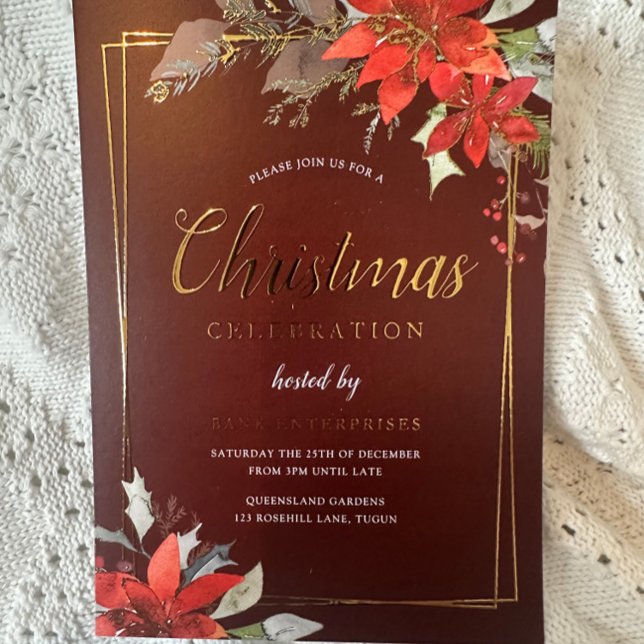 Burgundy Red Golden Frame Weihnachtszeit-Party Folieneinladung (Von Creator hochgeladen)
