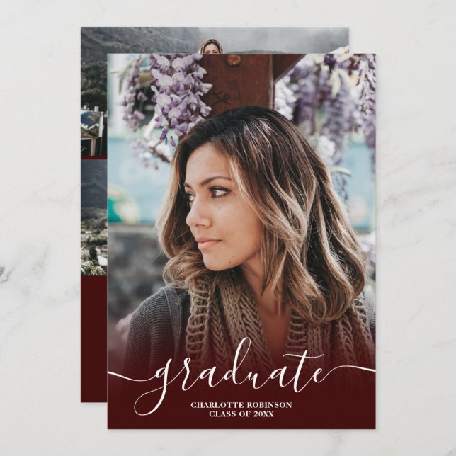 Burgundy Red Graduate Script Foto Abschluss Einladung (Vorne/Hinten)