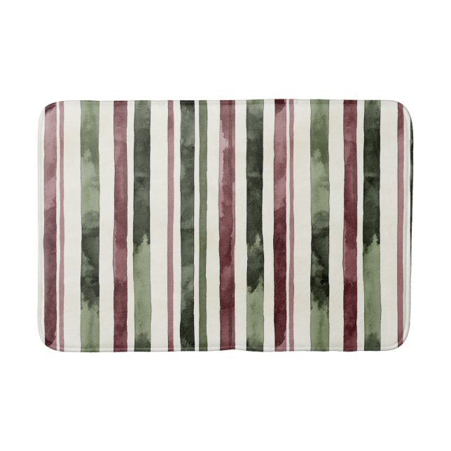 Burgundy Red Green Cream Stripes Christmas Badematte (Vorderseite)