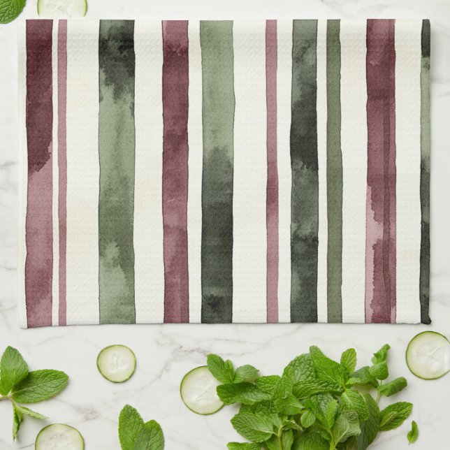 Burgundy Red Green Cream Stripes Christmas Geschirrtuch (Gefaltet)