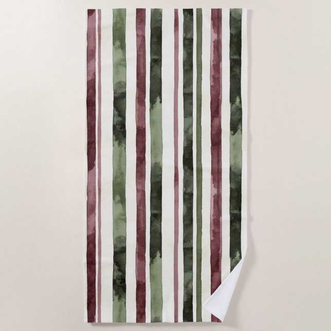 Burgundy Red Green Cream Stripes   Strandtuch (Vorderseite)