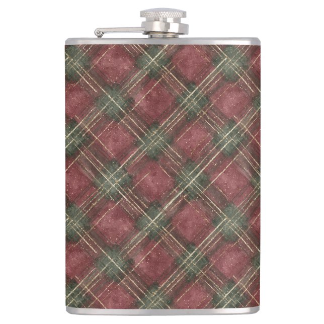 Burgundy Red Green Plaid Flachmann (Vorderseite)