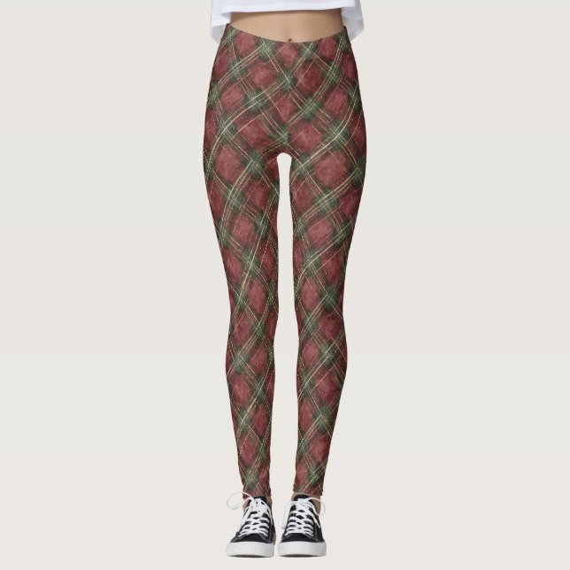 Burgundy Red Green Plaid Leggings (Vorderseite)