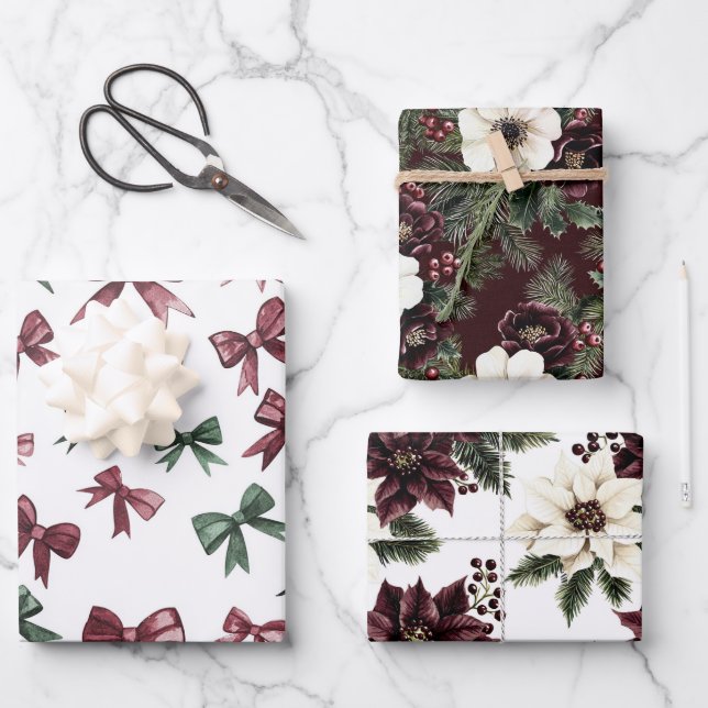 Burgundy Red Green Weihnachtsbows Geschenkpapier Set (Vorderseite)