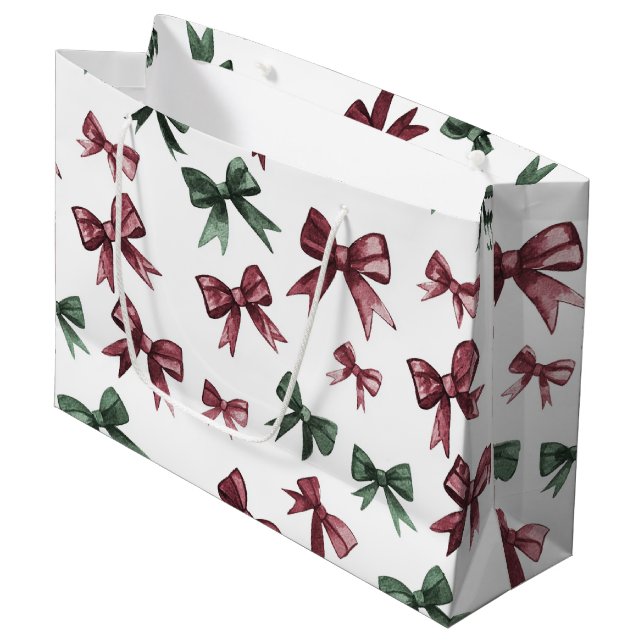 Burgundy Red Green Weihnachtsbows Große Geschenktüte (Vorderseite Schrägansicht)
