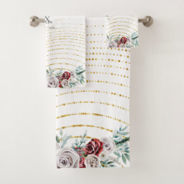 Burgundy Red Ivory Floral Gold Coral Hochzeit Badhandtuch Set