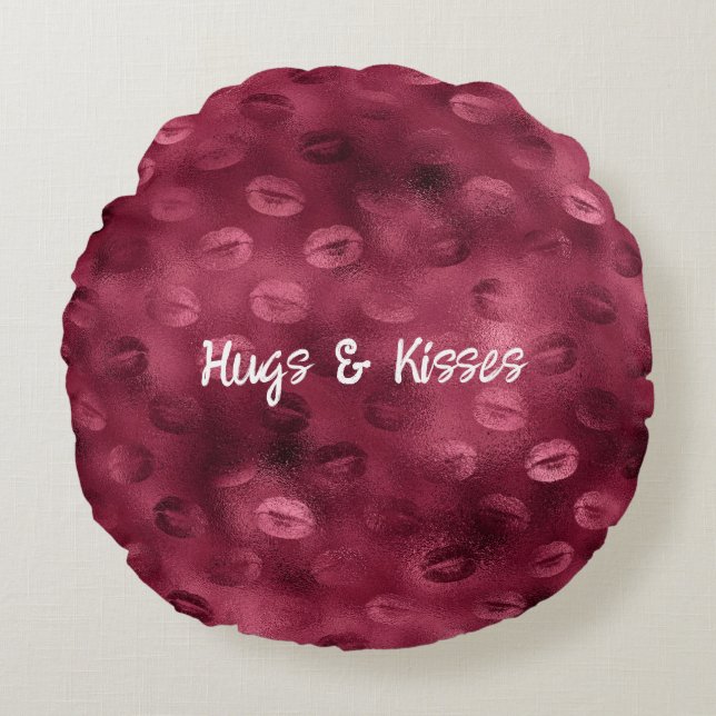 Burgundy Red Kisses Lips Rundes Kissen (Vorderseite)