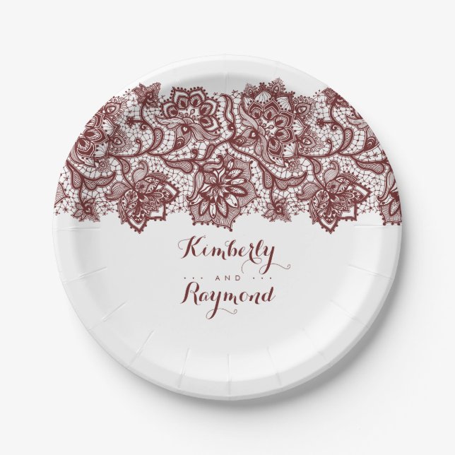 Burgundy Red Lace Elegante Wedding Pappteller (Vorderseite)