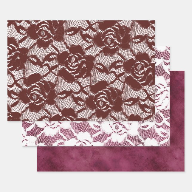 Burgundy Red Lace Floral Geschenkpapier Set (Set)