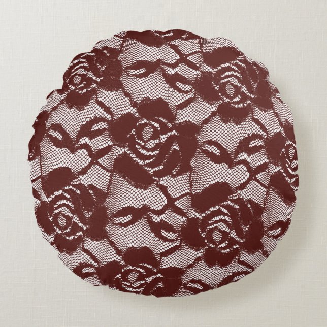 Burgundy Red Lace Floral Rundes Kissen (Vorderseite)