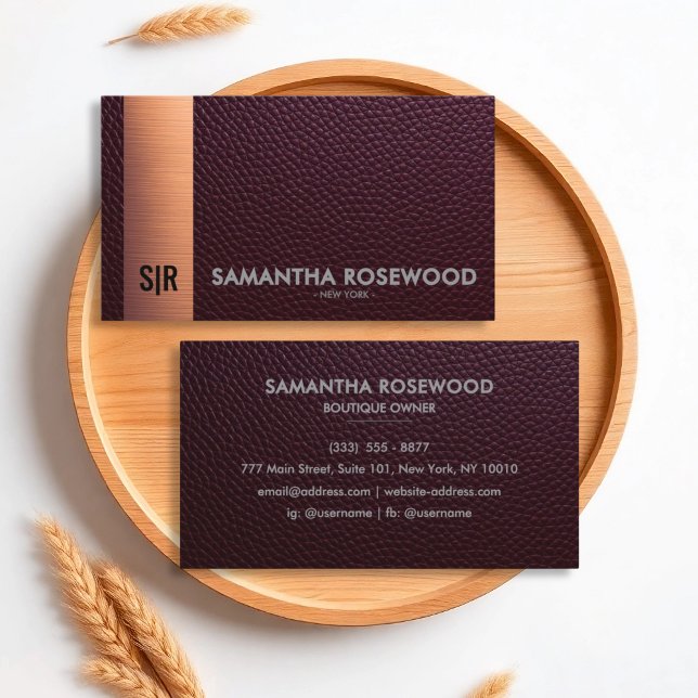 Burgundy Red Leather & Rose Gold Business Card Visitenkarte (Von Creator hochgeladen)