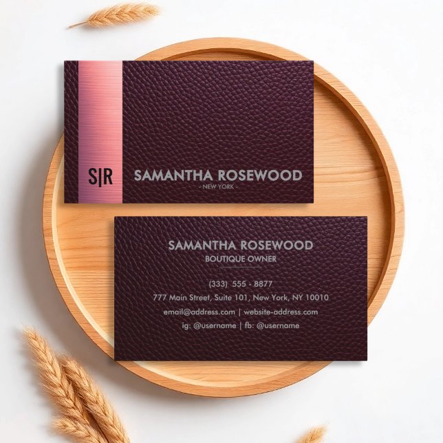 Burgundy Red Leather & Rose Pink Business Card Visitenkarte (Von Creator hochgeladen)